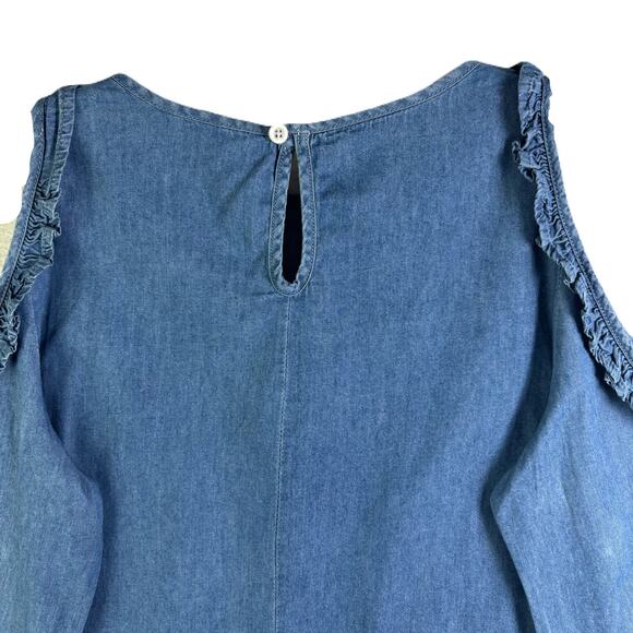 DIZZY LIZZY Denim Cold-Shoulder Ruffled Trim Long Sleeve Womens blouse Size L - Picture 6 of 10